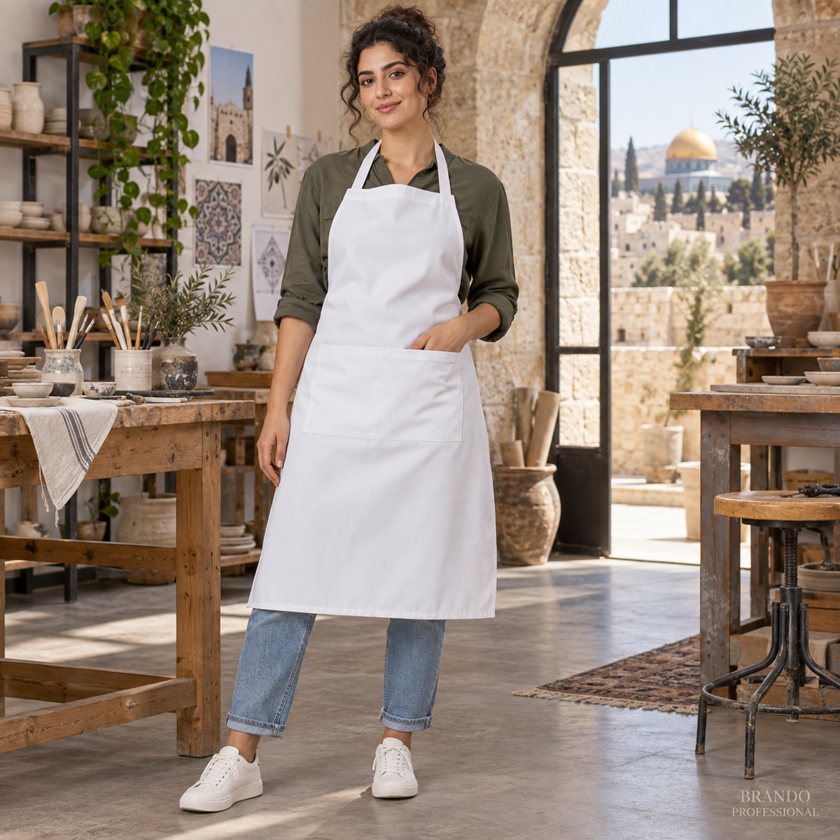 مريول قماش أبيض طويل نسائي بجيب واحد – العمل | BRANDO PROFESSIONAL - صورة العمل