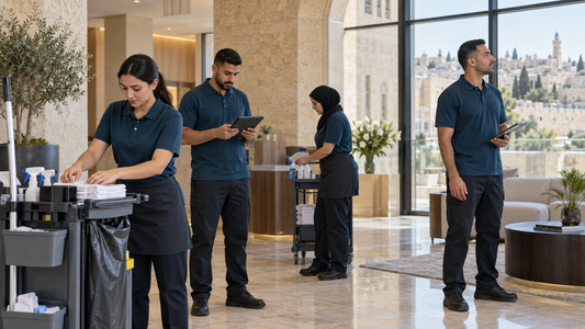 فريق تنظيف وخدمات مرافق بزي موحد داخل مبنى في القدس