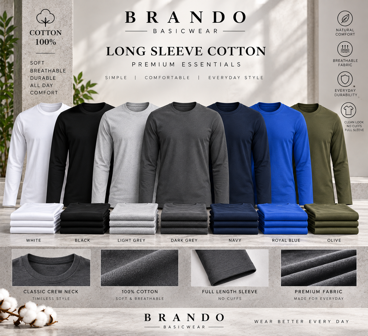 BRANDO Long Sleeve Cotton 100% Premium - White Black Light Grey Dark Grey Navy Royal Blue Olive