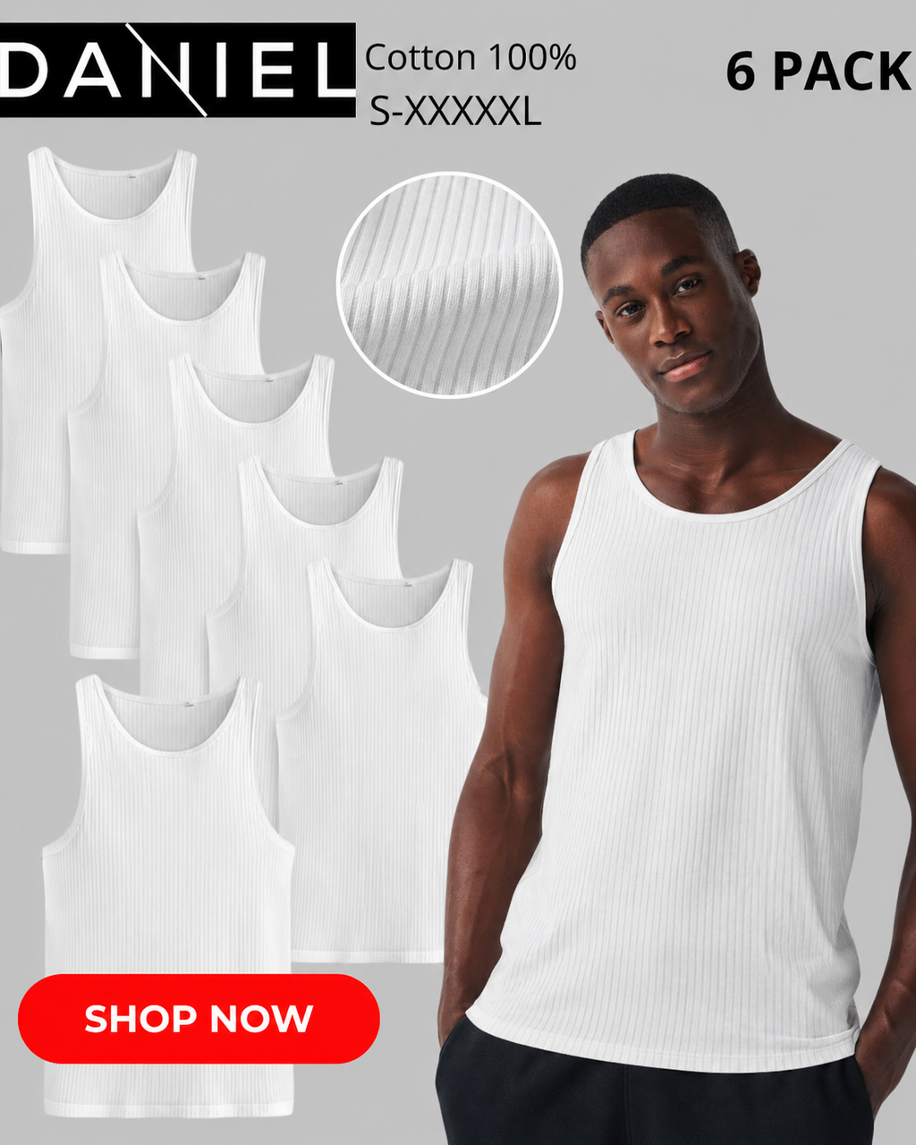 Daniel - Ribbed 100% Cotton Tank Tops (6-pack) - White