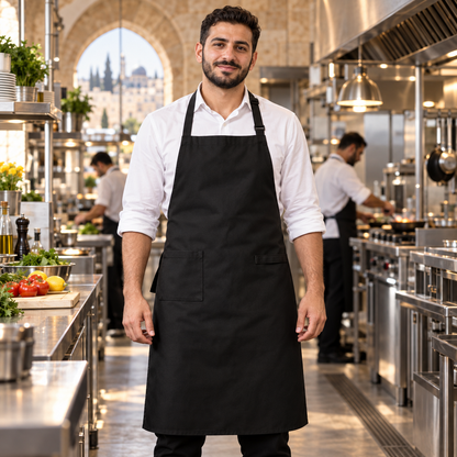 BRANDO-BLACK BOX Work Apron on Palestinian Chef in Jerusalem Kitchen