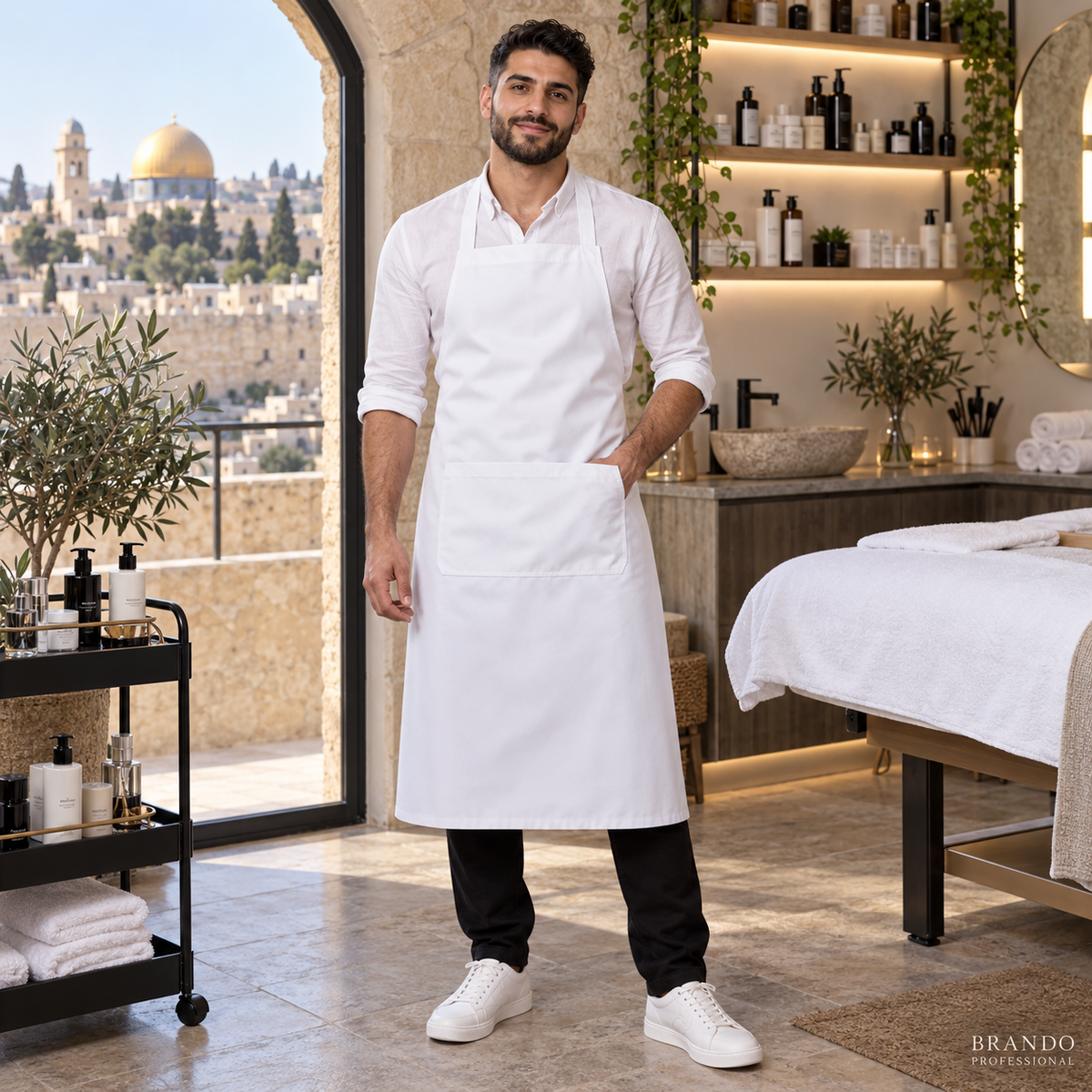 مريول قماش أبيض طويل رجالي بجيب واحد – مراكز التجميل | BRANDO PROFESSIONAL - صورة مراكز التجميل