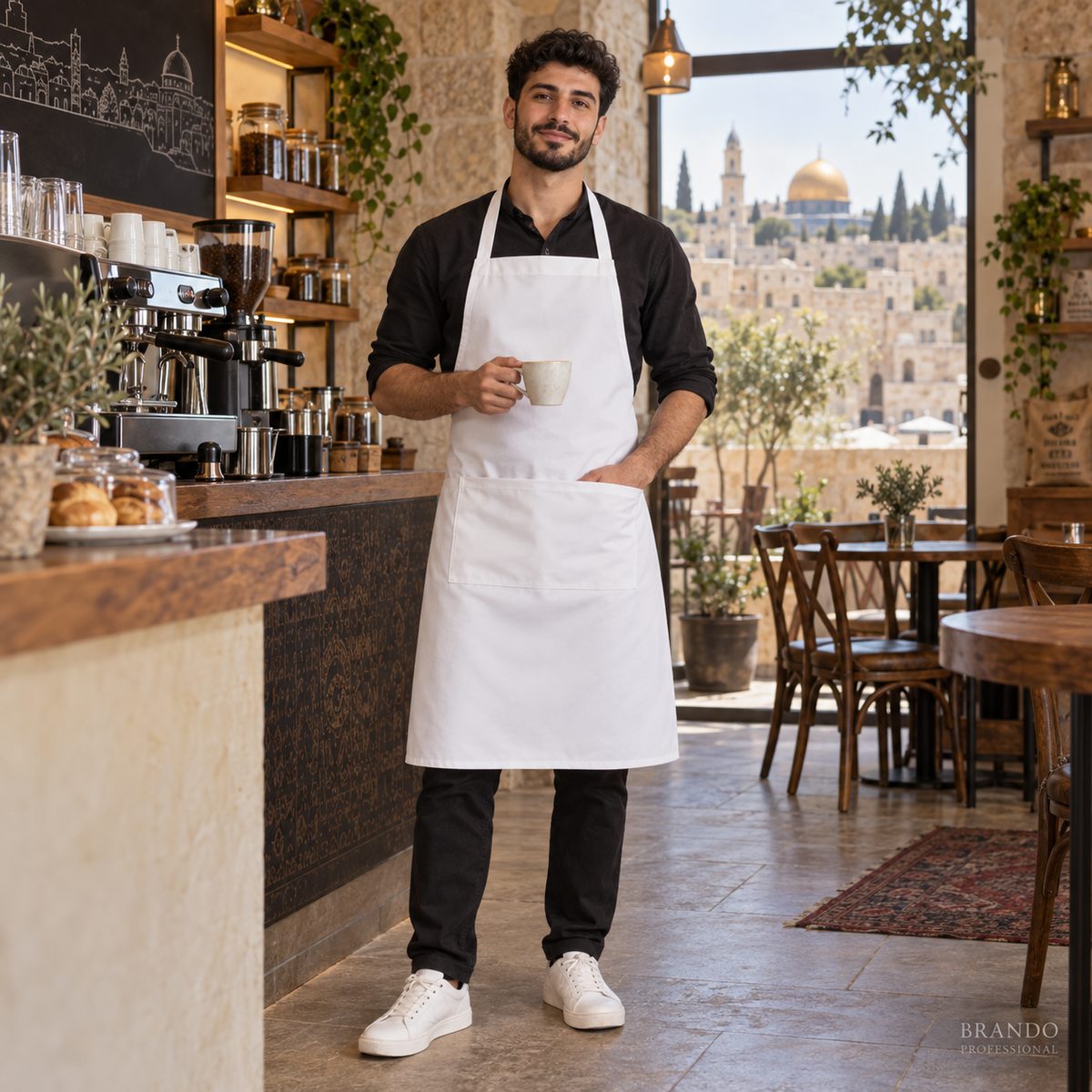 مريول قماش أبيض طويل رجالي بجيب واحد – المقاهي | BRANDO PROFESSIONAL - صورة المقاهي