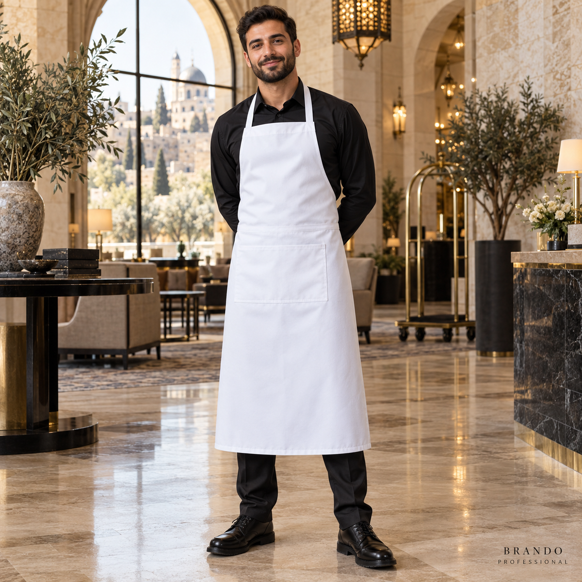 مريول قماش أبيض طويل رجالي بجيب واحد – الفنادق | BRANDO PROFESSIONAL - صورة الفنادق