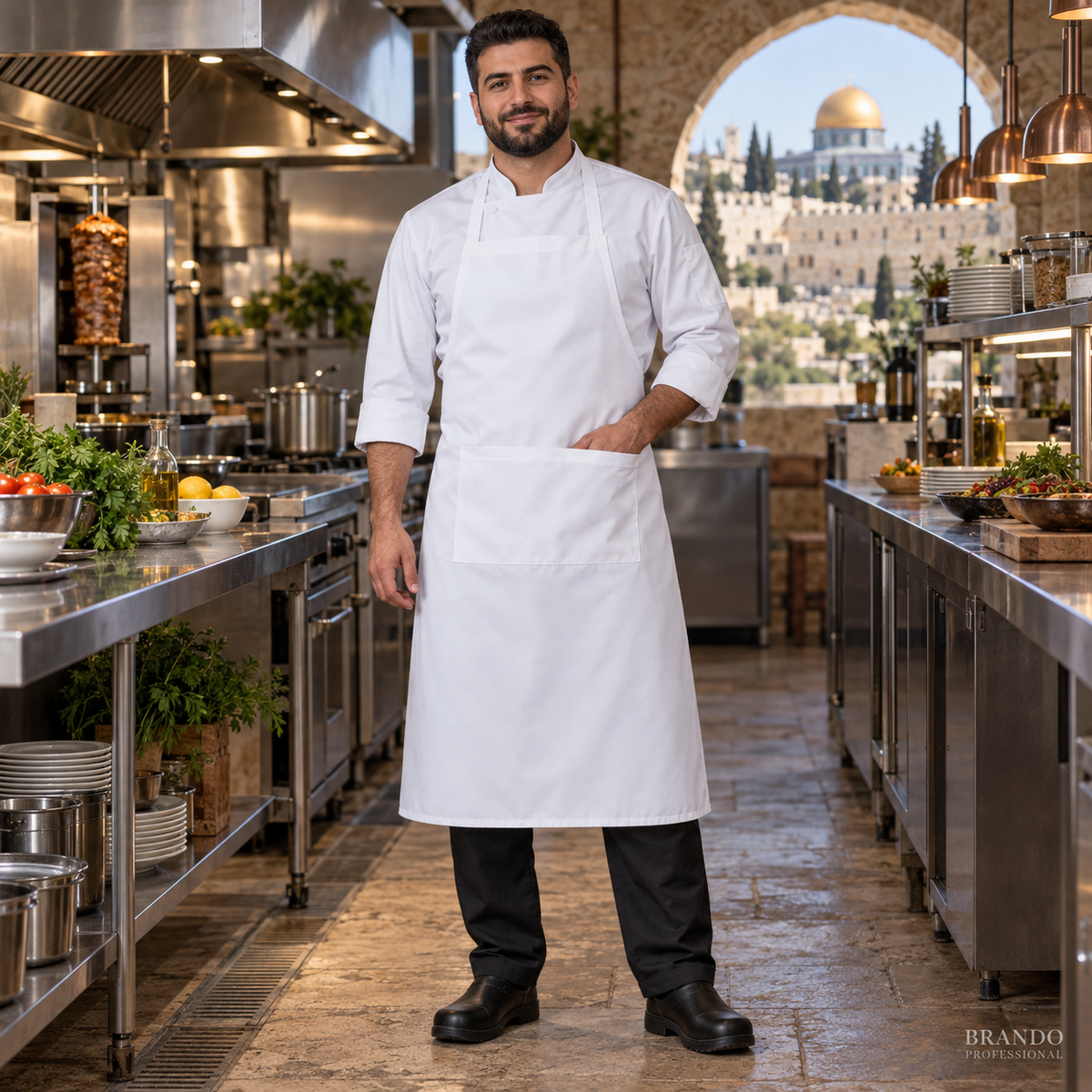 مريول قماش أبيض طويل رجالي بجيب واحد – المطابخ | BRANDO PROFESSIONAL - صورة المطابخ