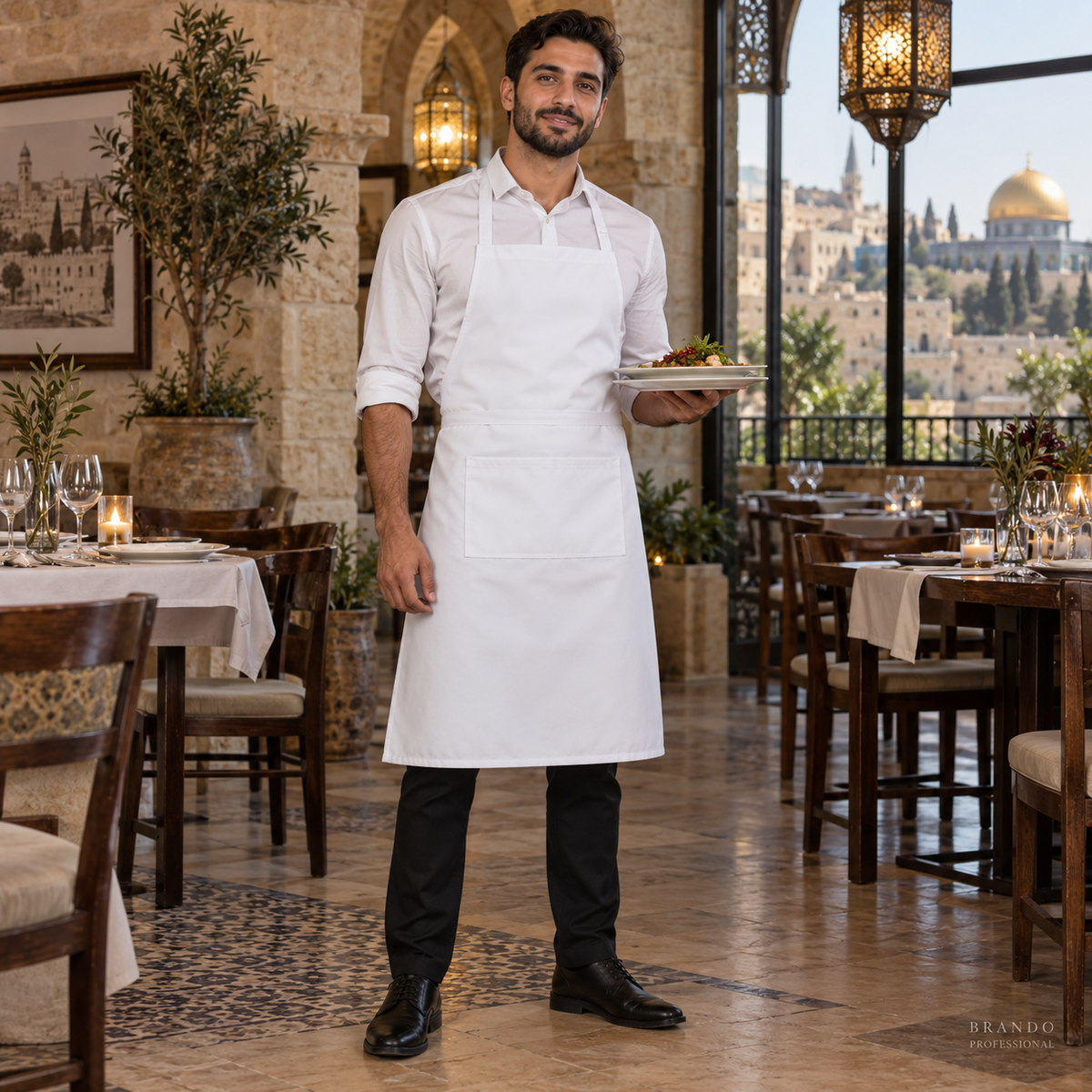 مريول قماش أبيض طويل رجالي بجيب واحد – المطاعم | BRANDO PROFESSIONAL - صورة المطاعم