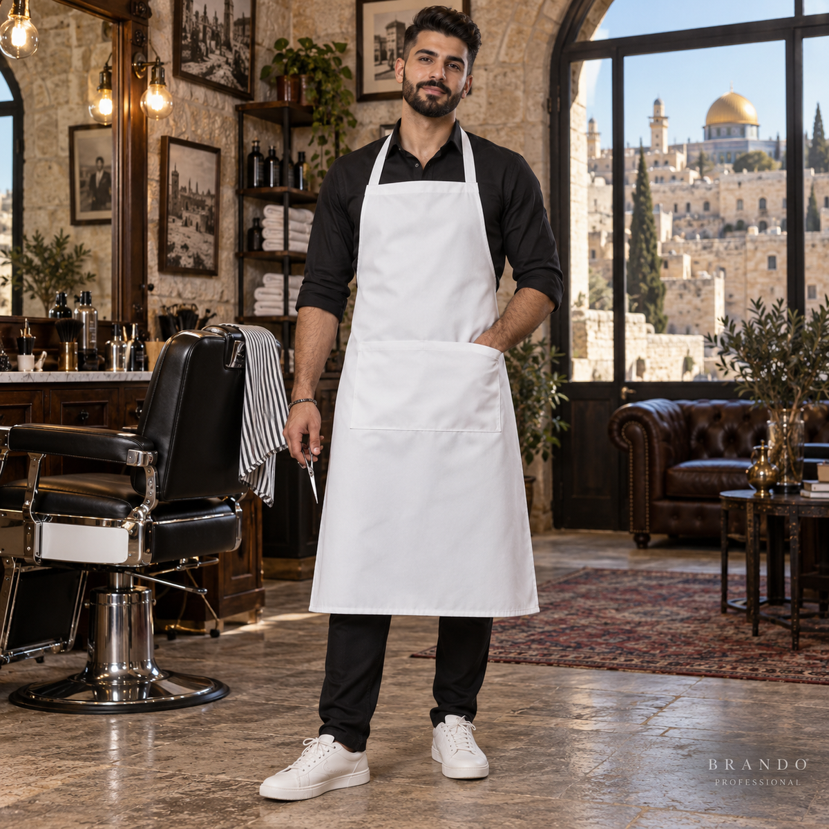 مريول قماش أبيض طويل رجالي بجيب واحد – الصالونات | BRANDO PROFESSIONAL - صورة الصالونات