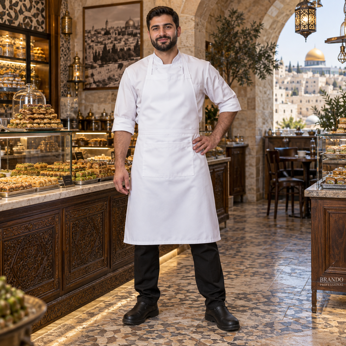 مريول قماش أبيض طويل رجالي بجيب واحد – الحلويات | BRANDO PROFESSIONAL - صورة الحلويات