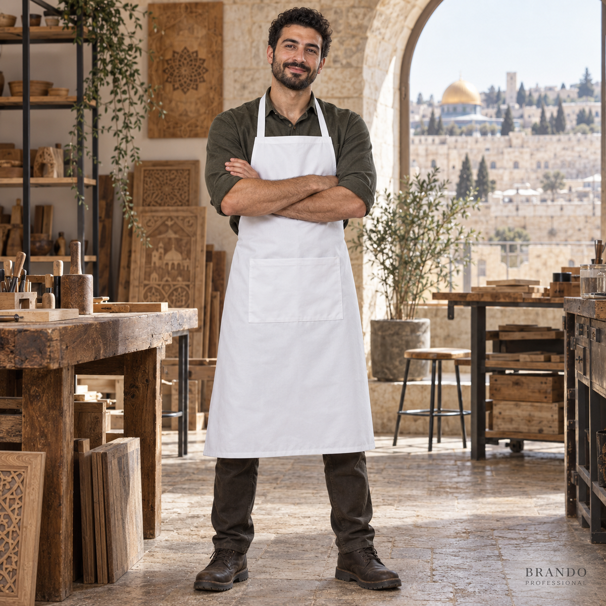 مريول قماش أبيض طويل رجالي بجيب واحد – العمل | BRANDO PROFESSIONAL - صورة العمل
