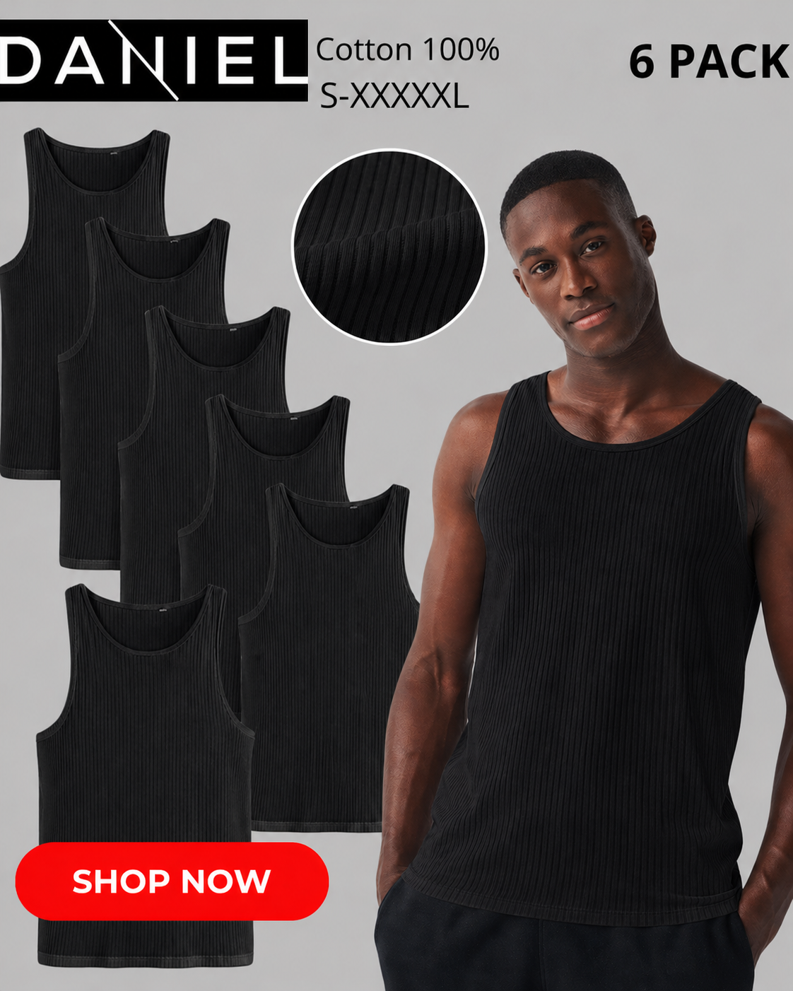 Daniel - Ribbed (Grooved) Undershirts 100% Cotton 6 Pieces - Black